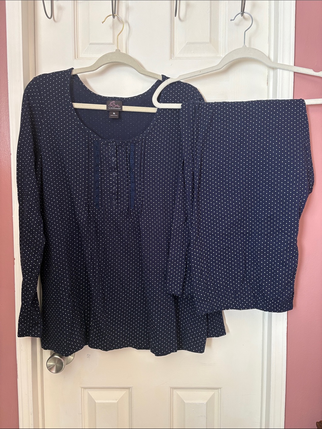 Maternity Navy Blue Polka Dot Long Sleeve And Pants Pajama Set